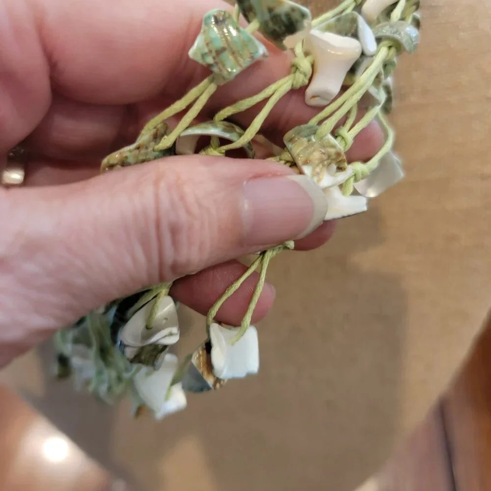 Green Shell & Cotton Multistrand Boho Necklace - Picture 6 of 11